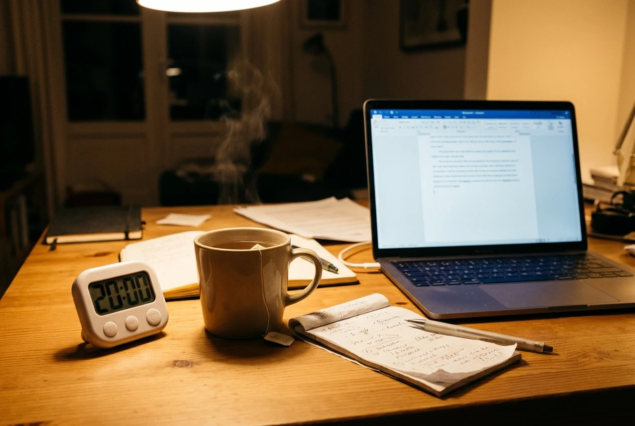 A simple white kitchen timer set to 20 minutes standing beside an open laptop showing a half-written draft and a mug of tea on a wooden desk, warm lamp light in the evening, a few handwritten notes nearby.