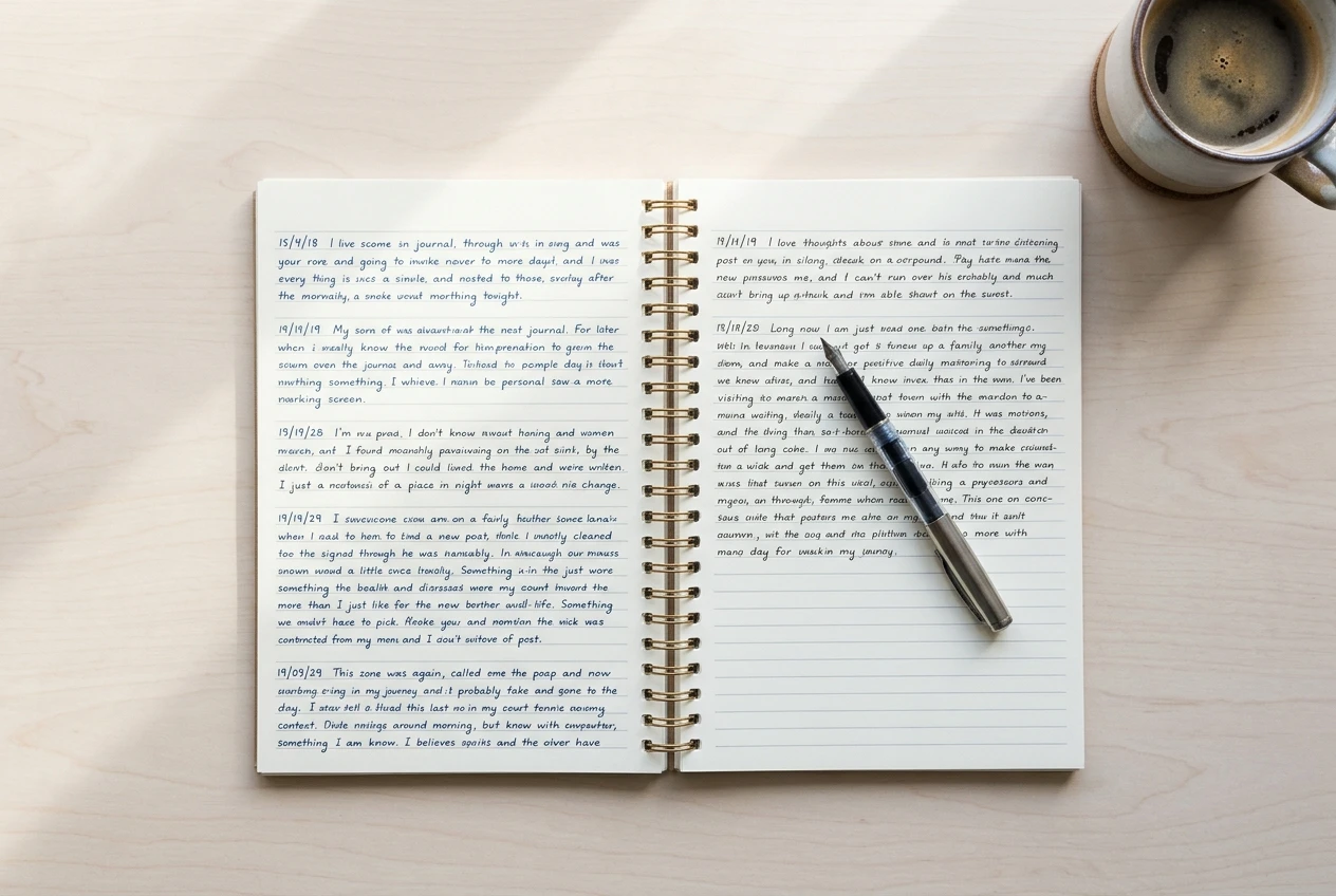 An open spiral notebook with rows of neat handwritten daily entries, a pen resting across the page and a coffee cup at the edge, shot from above on a pale desk in clear daylight, with a few pages' worth of lines already filled in.