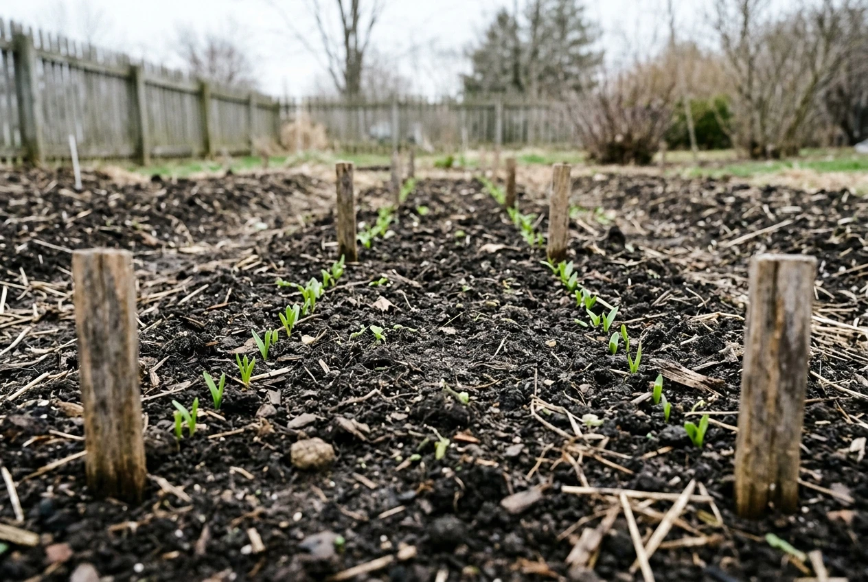 A garden bed in early spring seen at a low angle, rows of small green shoots just emerging from dark earth with a wooden marker stake at the end of each row, soft overcast light, suggesting groundwork laid before the harvest.