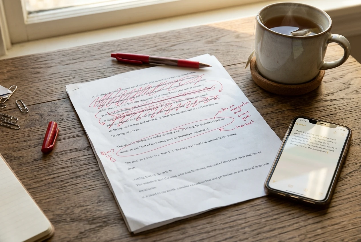 A marked-up printed draft of a short article on a wooden desk, with a red pen crossing out a long, winding opening sentence and a single short sentence circled, next to a mug of tea a
