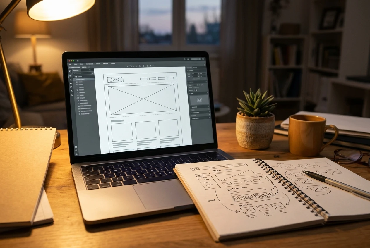 A desk scene with a laptop showing a half-built website page with a blank image slot, beside a handwritten notebook page of a sketched site menu with arrows, a small potted plant and warm lamp light in the evening.