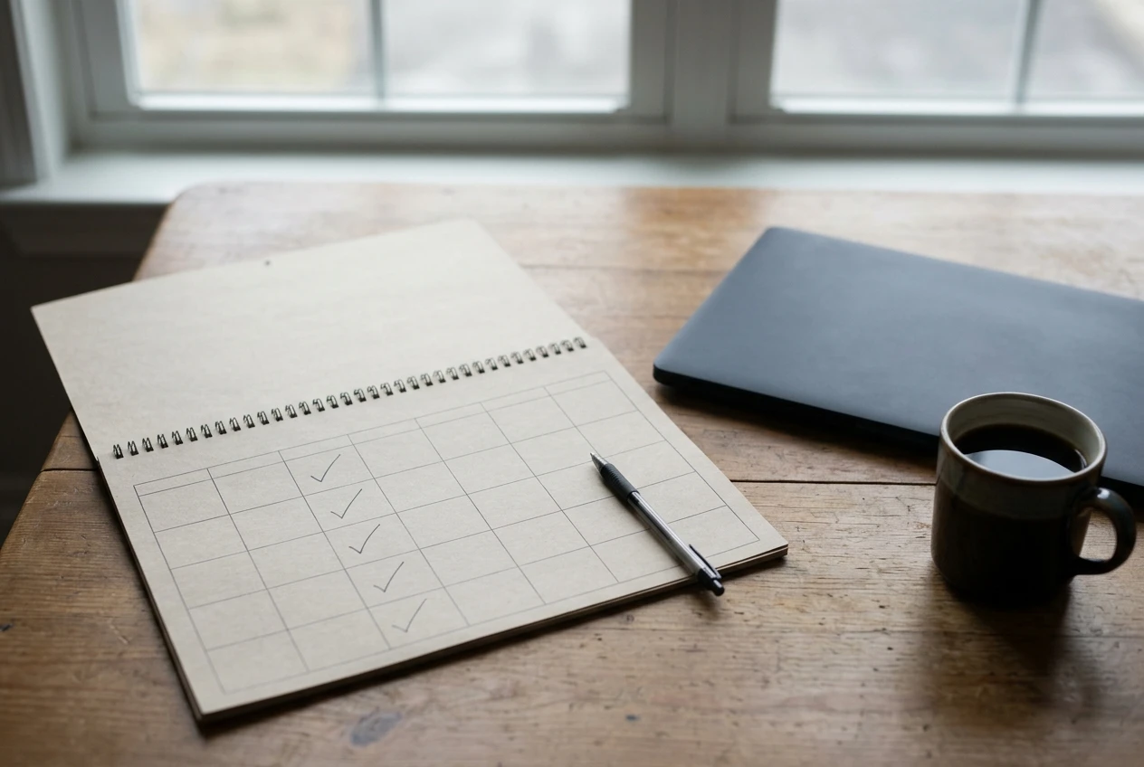 A paper wall calendar on a kitchen table with a row of small tick marks on the same weekday each week, a closed laptop and a cup of coffee at one side, quiet grey morning light through a window.