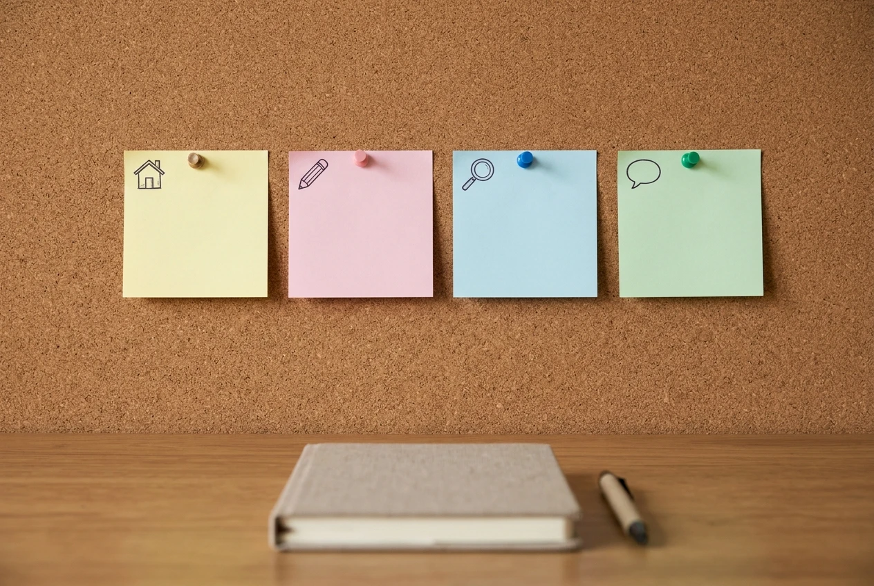 Four sticky notes in a row on a corkboard, each in a different pastel colour, with a small hand-drawn icon above each (a house, a pencil, a magnifying glass, a speech bubble), pinned above a tidy desk with a notebook and pen.