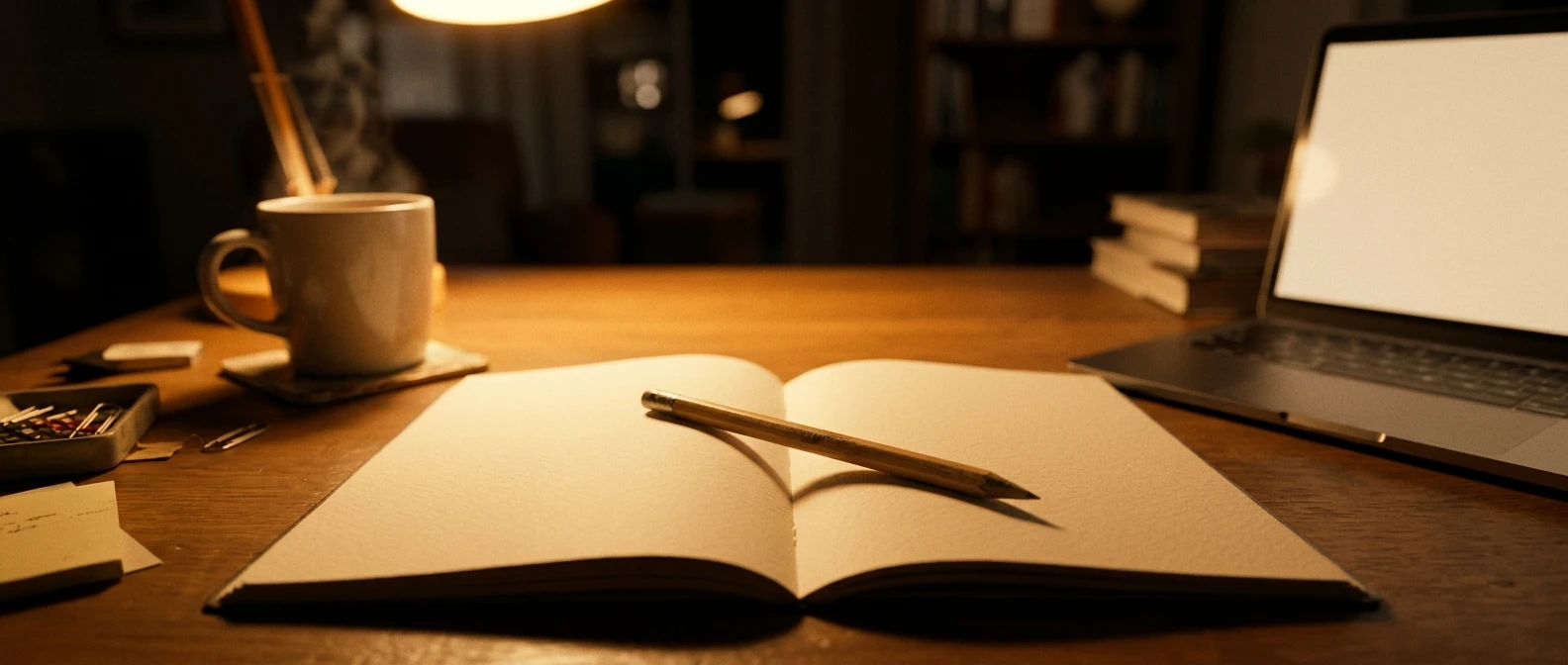 A blank notebook page lit by a warm desk lamp at night, a single pencil lying across it, with a mug of tea and a half-open laptop blurred in the background, evoking the hesitation bef