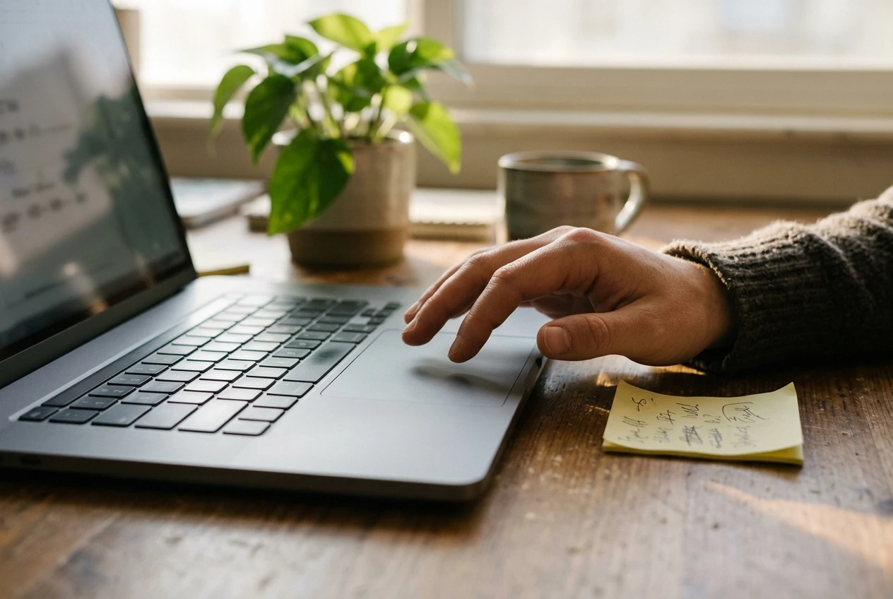 A finger hovering just above a laptop's trackpad in soft morning window light, a small handwritten sticky note reading nothing legible beside it, a houseplant on the desk, capturing the pause before pressing publish.