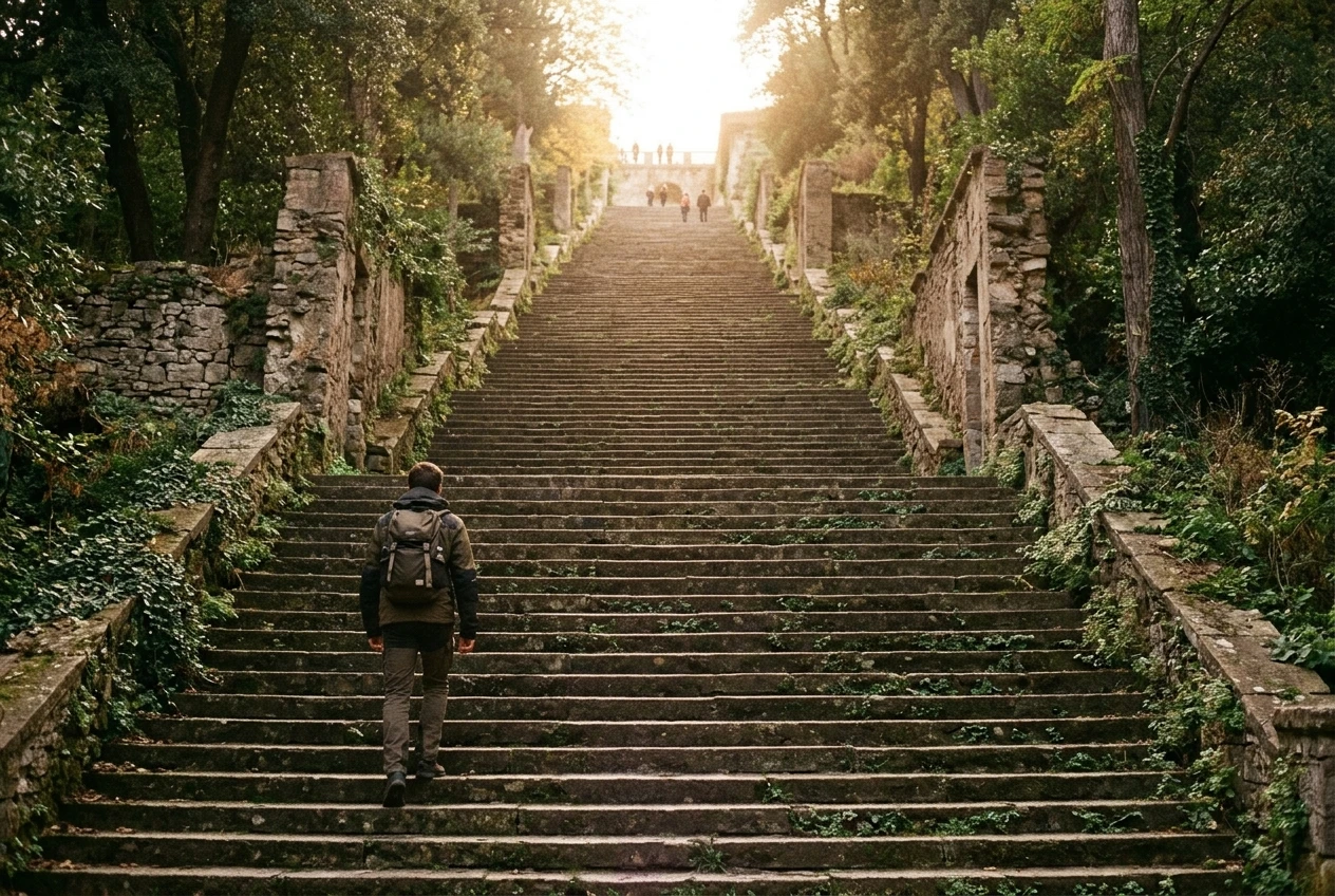 A long stone staircase seen from the bottom step, with a few figures far up in golden light and a lone person on the first steps in the foreground wearing a backpack, in warm muted colors.