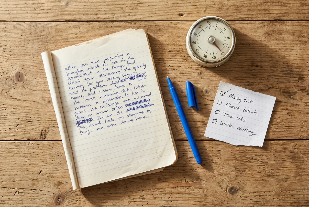An overhead view of a wooden desk with a kitchen timer set to twenty minutes, a notebook with a rough scribbled paragraph, a pen, and a short handwritten checklist with one item ticked, in bright natural daylight.