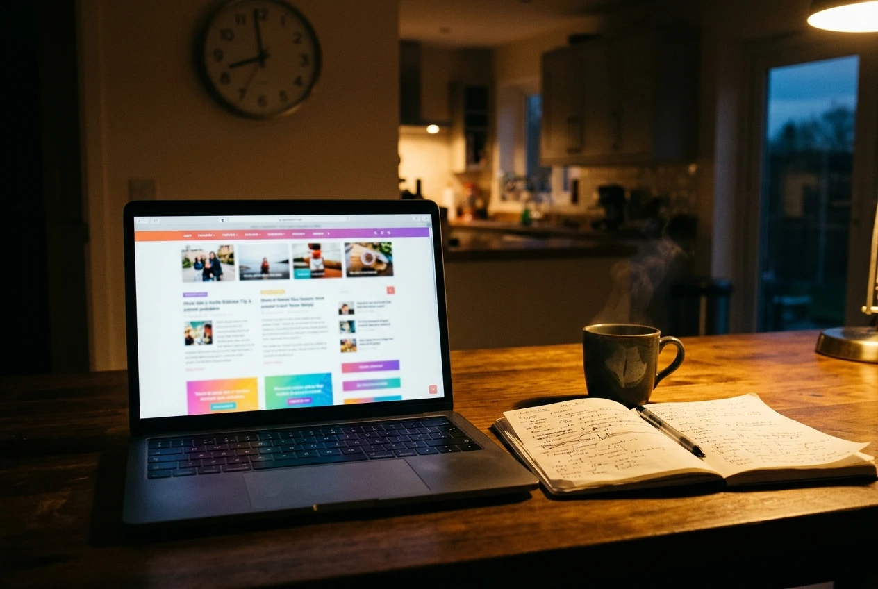 A freshly published small website on a laptop sits beside a notebook of draft pages and a mug of tea on a wooden desk at dusk, while a kitchen clock on the wall behind shows the eveni