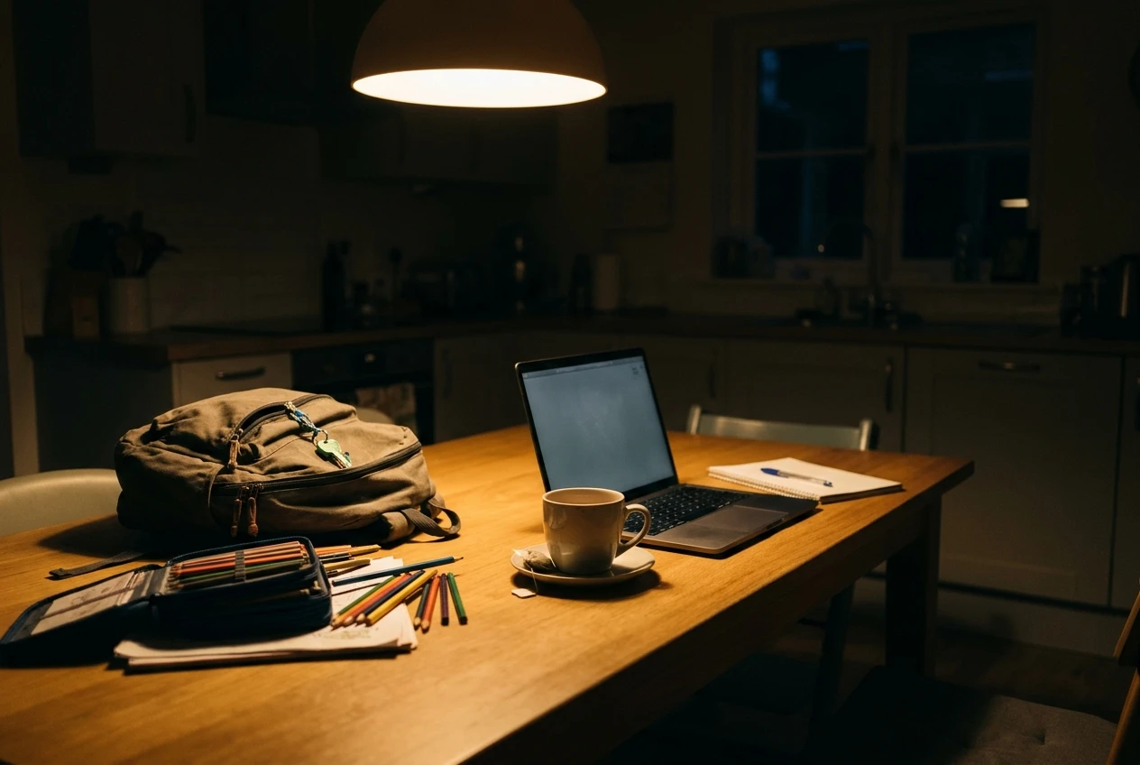 A parent's quiet kitchen table late in the evening, a laptop open and a half-finished cup of tea, with a child's school bag and a stack of colouring pencils pushed to one side. A single pool of warm lamplight, the rest of the house dim and sleeping.