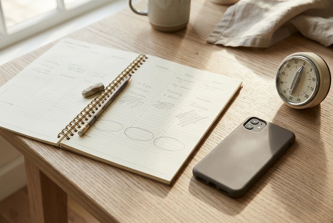 A paper weekly planner lying open on a table, with a few short slots in the evenings circled in pencil, next to a phone placed face-down and a small kitchen timer set for thirty minutes. Soft morning window light, neutral wood and cream tones.