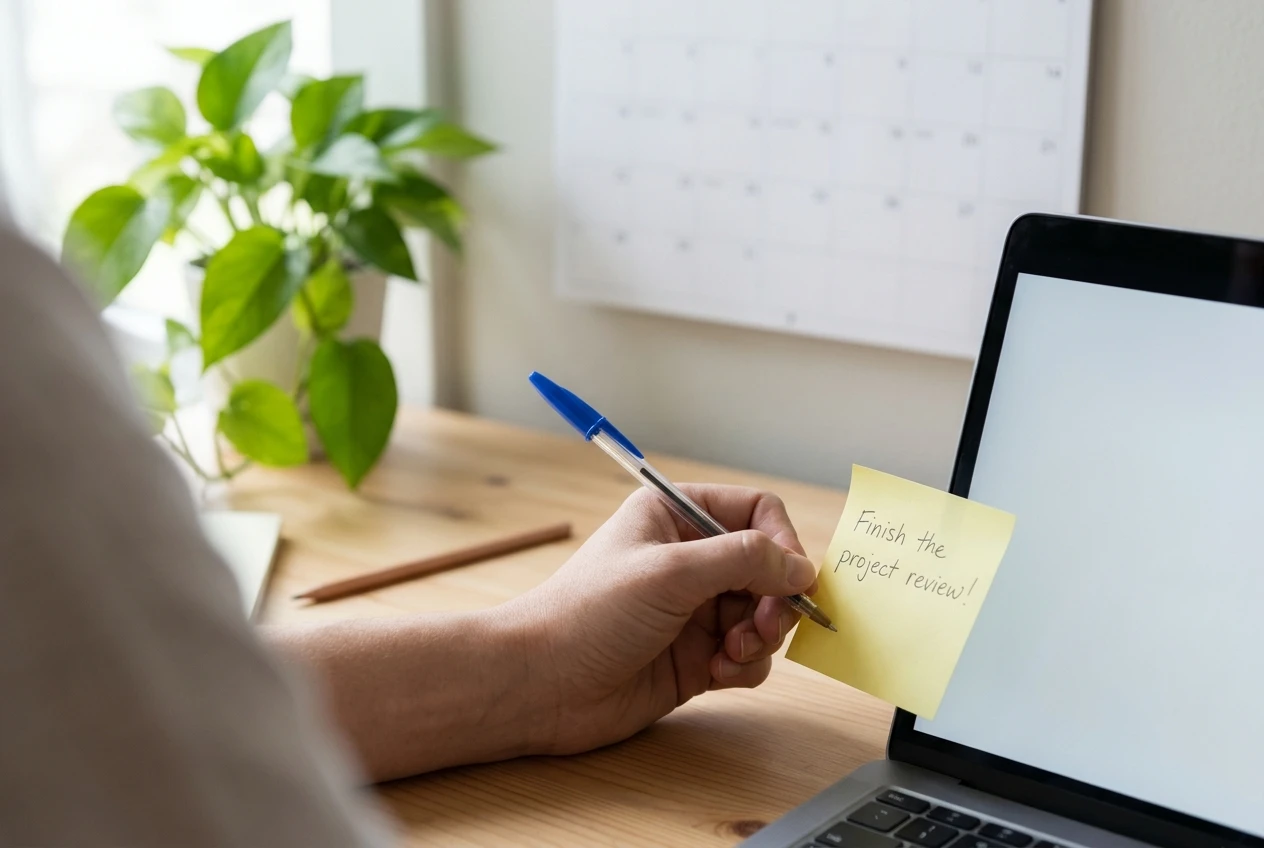 A hand writing a single handwritten sentence on a sticky note, which is about to be pressed onto the edge of a laptop screen, with a wall calendar and a pencil in the background. Bright, tidy home-office desk, with soft daylight and a green plant for colour.