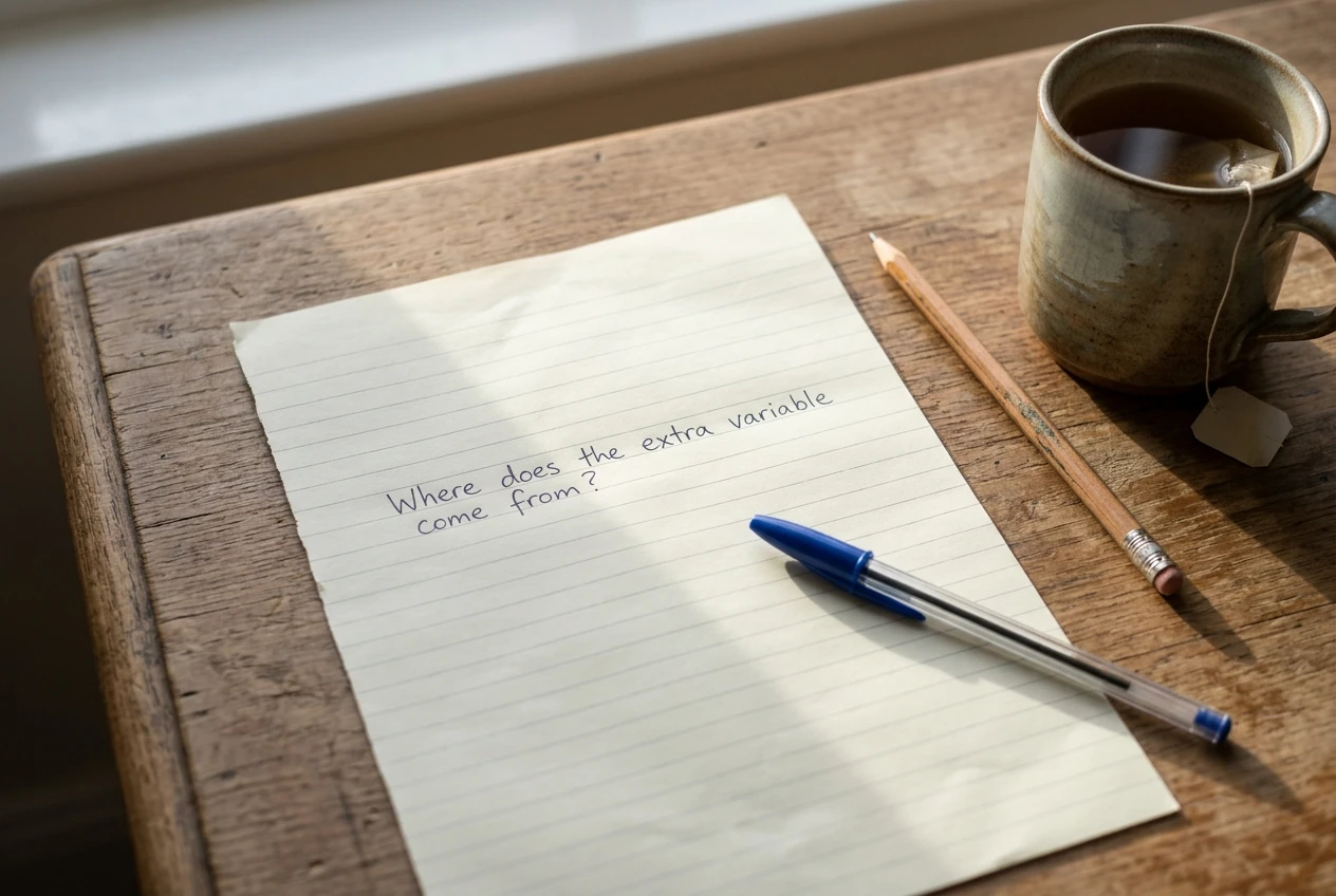 A single sheet of notepaper on a wooden desk with one handwritten sentence in pen, beside a mug of tea and a pencil, lit by soft morning window light, as someone isolates the one prob