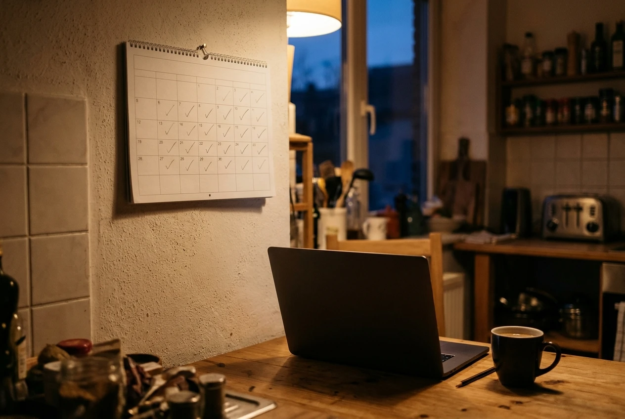 A wall calendar on a kitchen wall with small pencil ticks on most weekday evenings, a laptop half-open on the table below it and a cup of coffee, in warm lamp light at dusk.