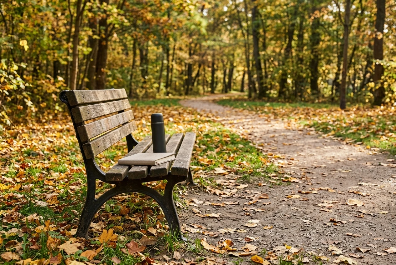 A park bench beside a quiet path in early autumn, with a closed notebook and a thermos resting on it, golden leaves on the ground and soft light, suggesting a calm, unhurried pause.