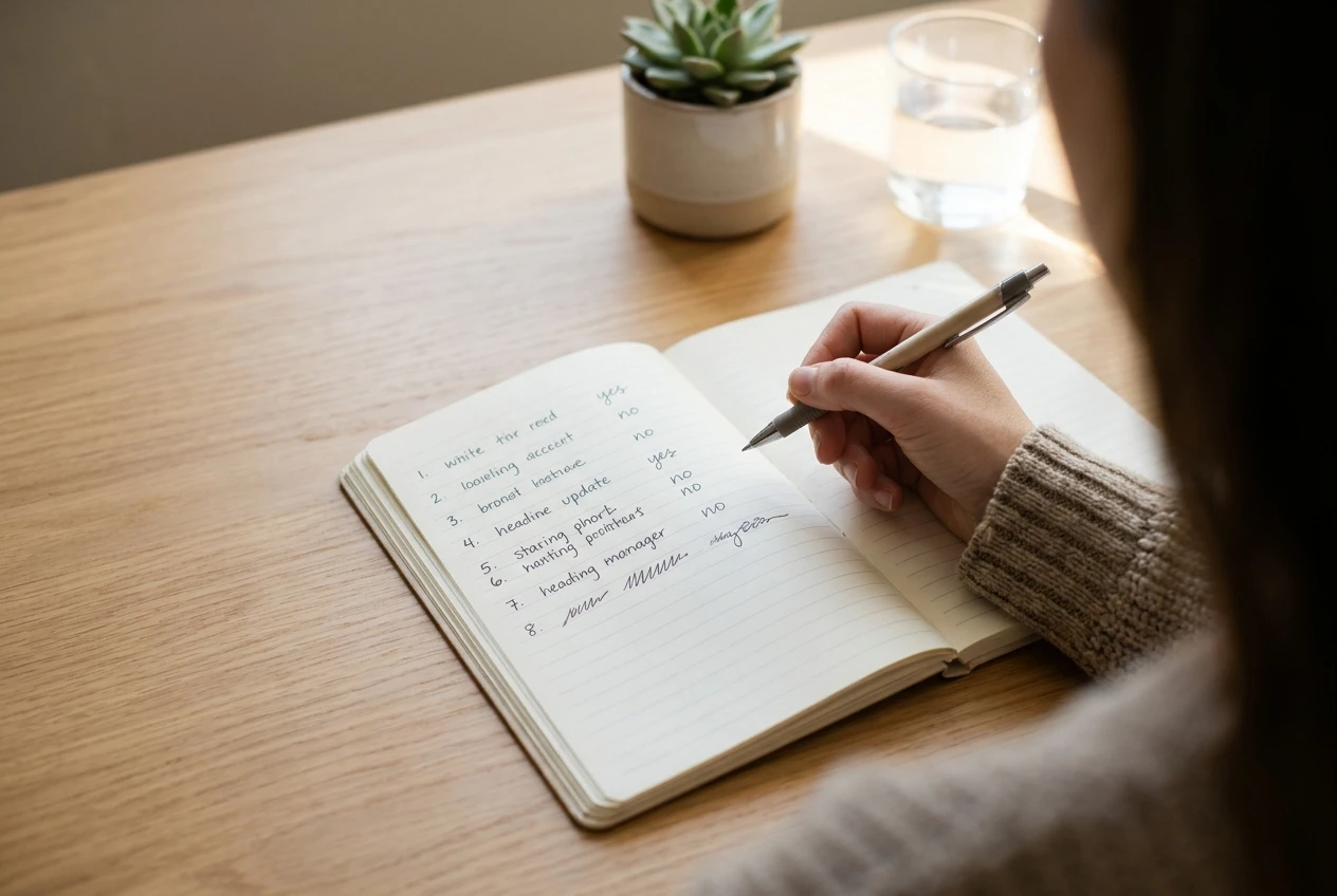 A hand holding a pen over a numbered handwritten list in a notebook, some lines marked yes and some no, on a tidy table with a small plant and a glass of water in bright, calm daylight.