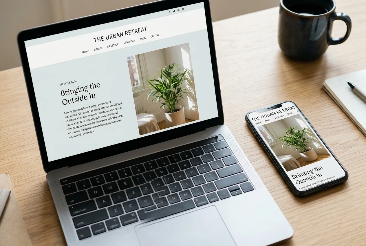Side-by-side view of the same web page: on a laptop it looks tidy, while on a phone beside it the layout looks cramped with an oversized photo pushing the text down. Soft daylight on