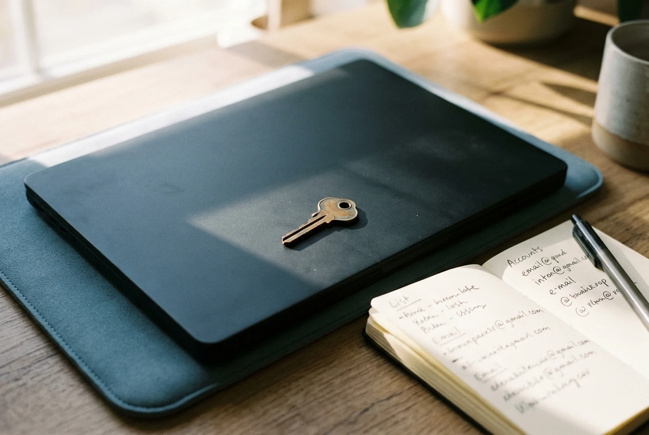 A brass key resting on a closed laptop keyboard, with a small notebook open beside it showing a handwritten list of different accounts and email addresses. Warm morning light, calm desk, muted blue and tan colours.