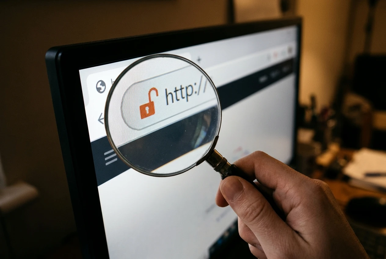A browser address bar close-up showing an open padlock next to a website address, on a monitor in a softly lit room, with a hand holding a magnifying glass over the padlock to suggest calm inspection of the warning.