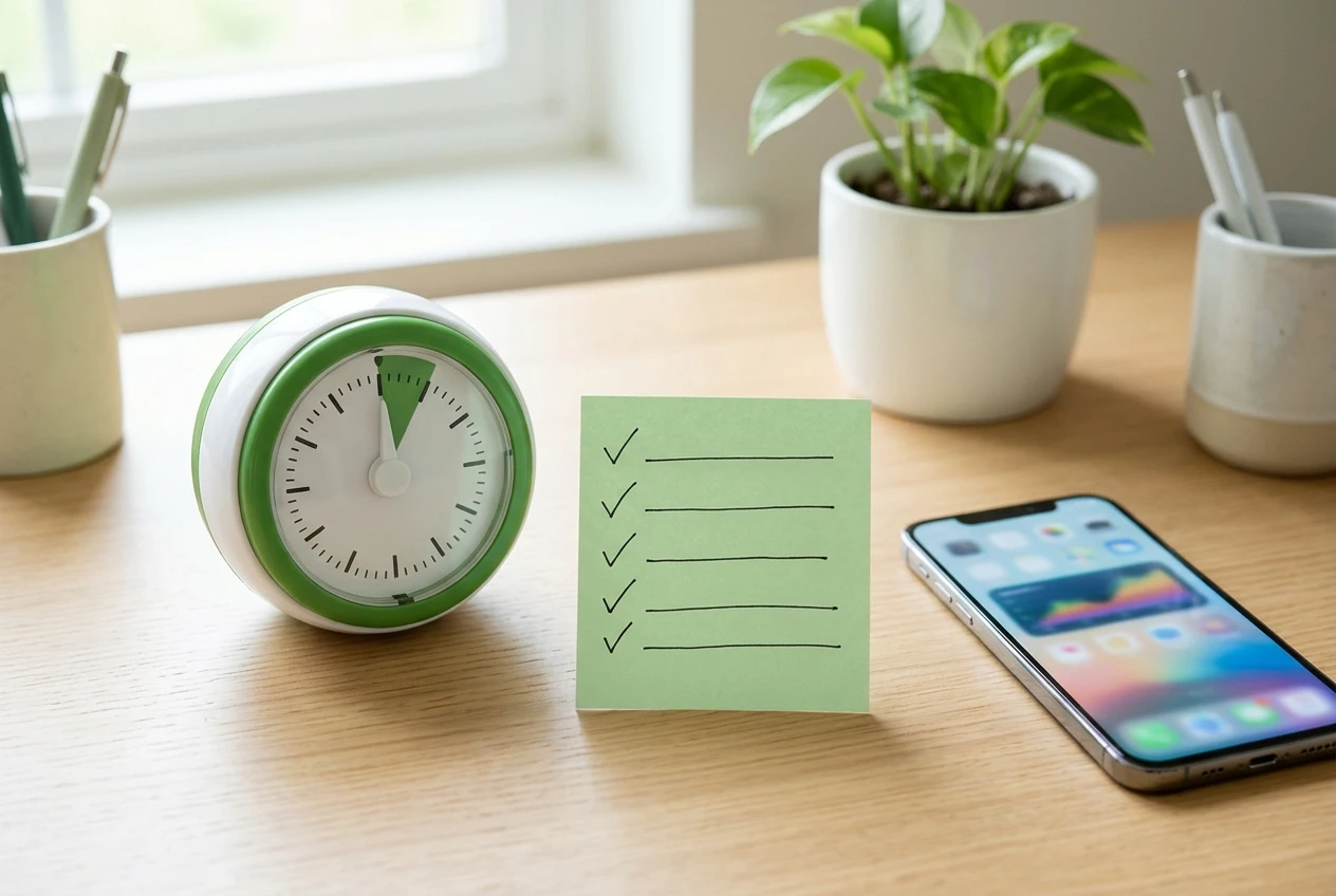 A simple analog kitchen timer set to five minutes on a tidy desk, next to a sticky-note checklist with five ticked-off lines and a smartphone showing a screenshot. Bright, calm natural light, green and white tones.