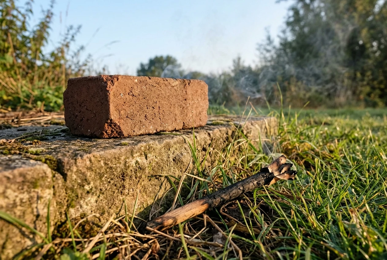 A single red-brown brick sitting solid on a stone ledge in warm morning light, with the spent, blackened stick of a firework lying in the grass beside it and wisps of smoke fading ag