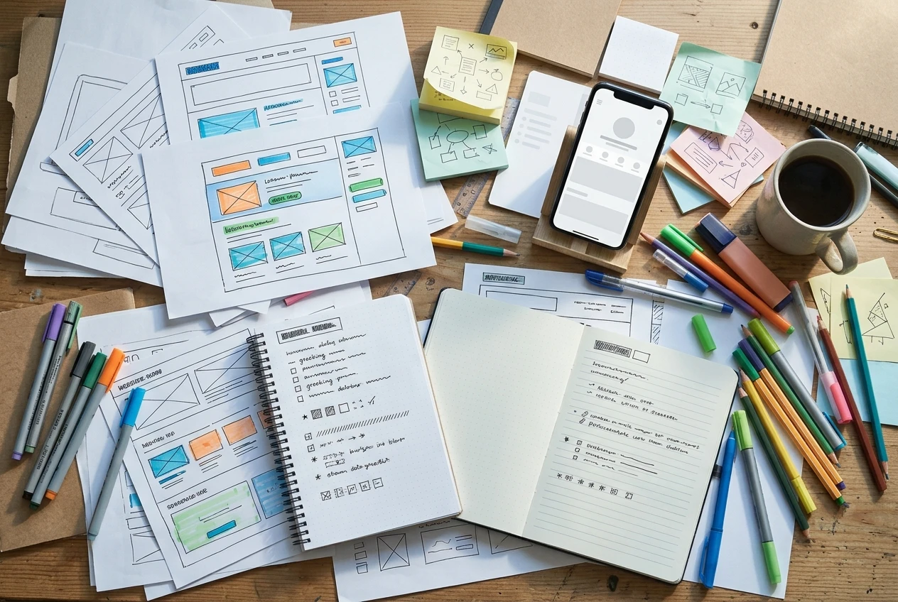 A cluttered desk seen from above with half-finished paper sketches of website layouts in different colour schemes, several open notebooks each headed with a different topic, and a phone propped up showing a refreshed, nearly empty visitor screen, in cool afternoon light.