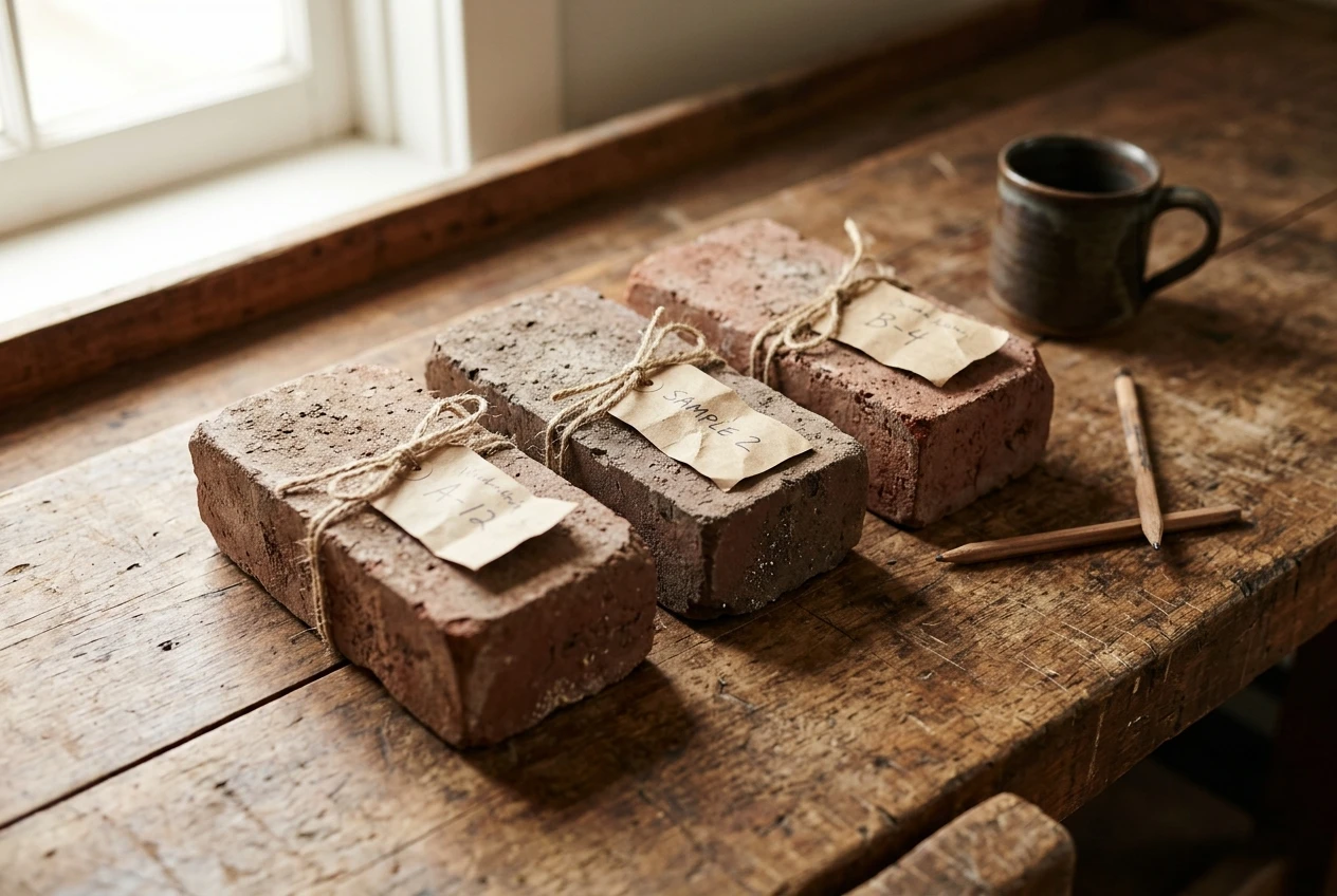 Three neat bricks laid side by side on a wooden workbench, each with a different handwritten paper tag tied around it, next to a pencil and a mug, soft window light and warm browns.