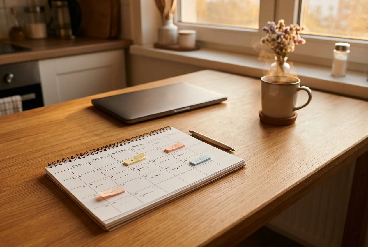 A paper wall calendar on a tidy kitchen table showing one week, with a single small brick-shaped sticky note placed on each of four days, a cup of tea and a closed laptop nearby, calm golden evening light.