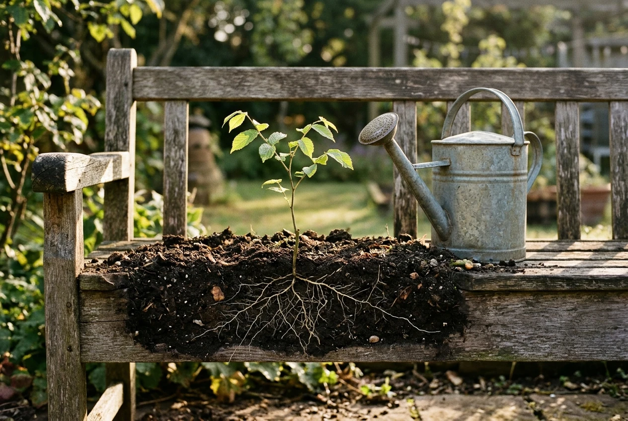 A young sapling pushed into dark soil beside a watering can on a wooden garden bench, with a cut-away view showing pale roots spreading underground while the green leaves above are