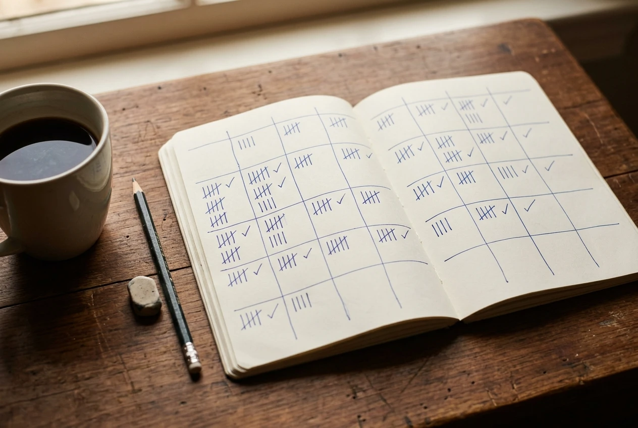 A open paper notebook on a wooden desk with a hand-ruled weekly grid, tally marks and small ticks in blue pen, next to a mug of coffee and a pencil, warm window light from the side.