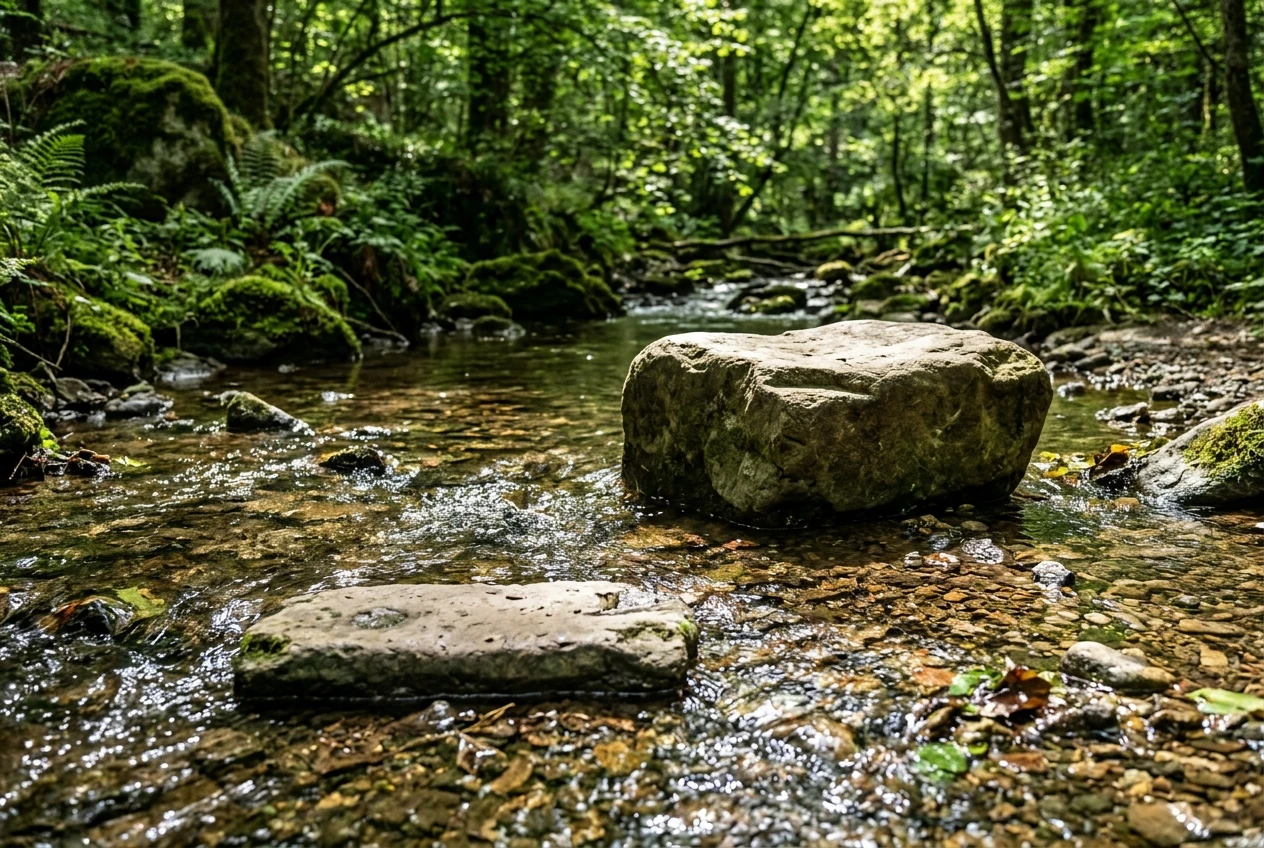 Two stepping stones across a shallow stream: a small, close, flat stone in the foreground labelled by its low height, and a larger raised stone slightly farther on, both in green dappled forest light, conveying a minimum step and a stretch goal.