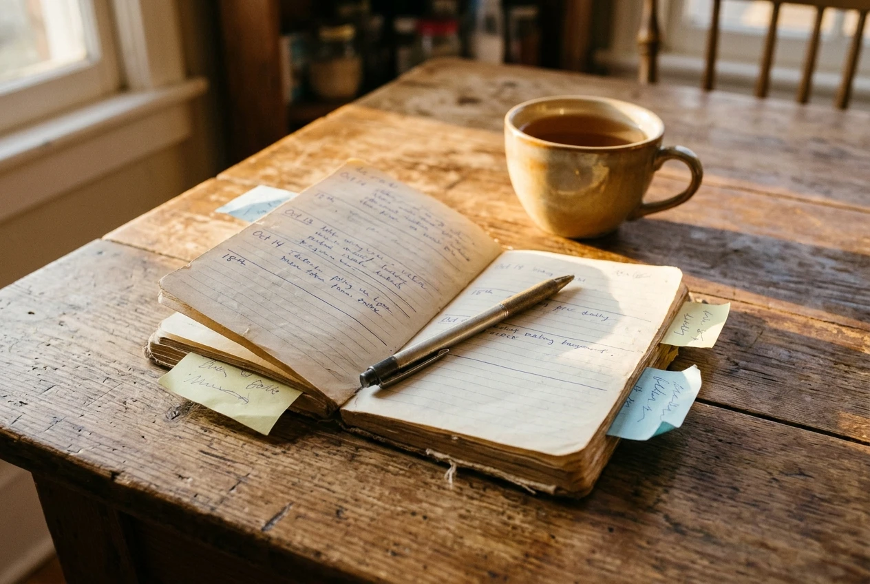 A worn pocket notebook lying open on a kitchen table showing dated handwritten lines, with a pen resting across the page and a cup of tea, late afternoon golden light, a few sticky notes pinned at the edge.