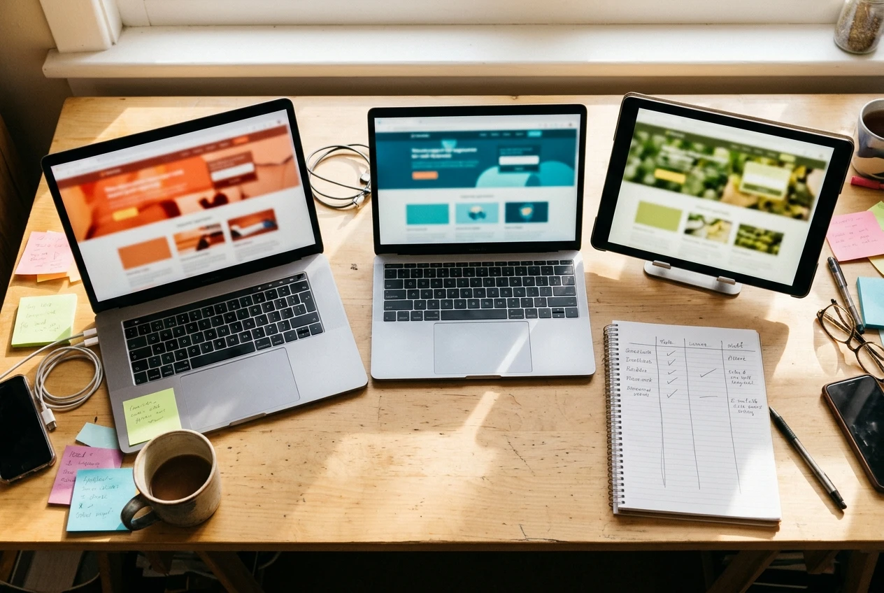 A beginner's desk seen from above with three laptops and tablets open side by side, each showing a different blurry glossy sales page in a different colour scheme, a notepad wi