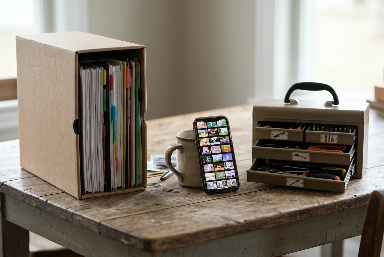 Three objects on a wooden table arranged left to right: a single boxed stack of printed lesson binders, a loose scatter of video thumbnails on a phone leaning against a mug, and a small toolbox with a handle and open drawers holding labelled tools, soft neutral daylight.