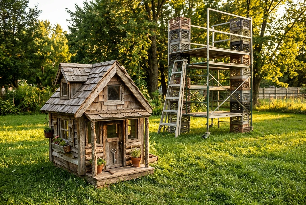 A small hand-built wooden house with a front door key on its doorstep, sitting beside a tall rented-looking scaffold platform of stacked crates in the background, on a green lawn in late afternoon golden light, illustrating owning versus borrowing.