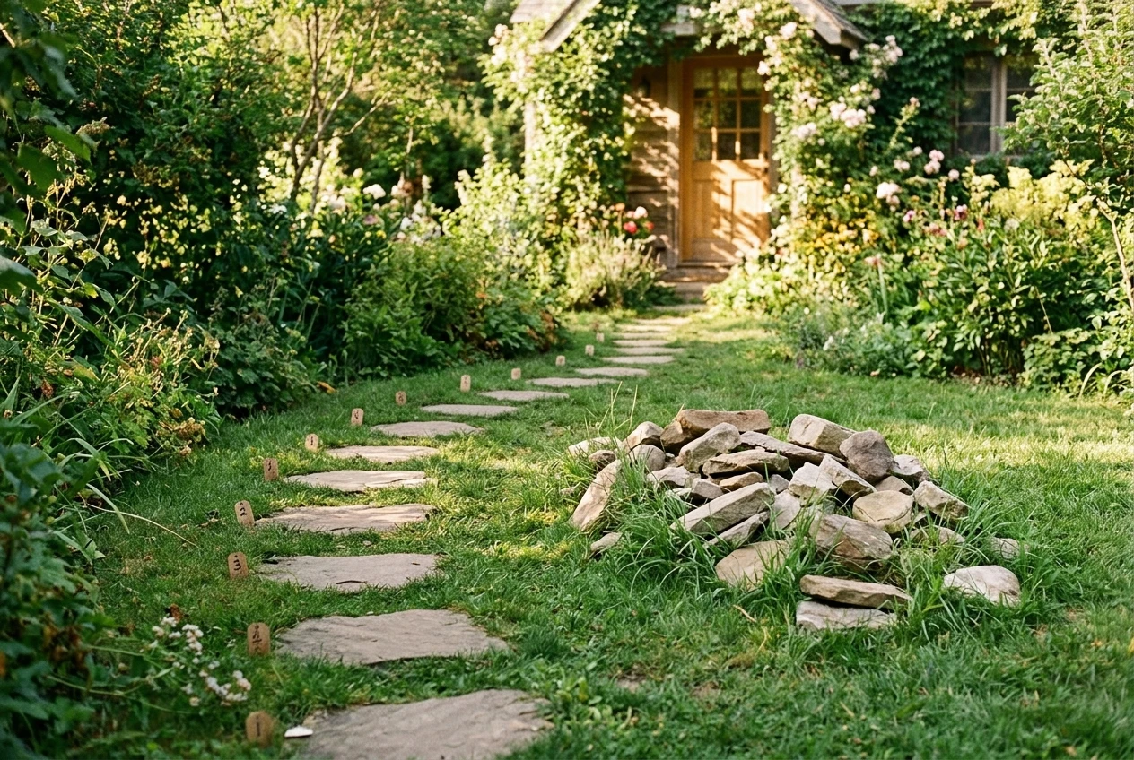 A winding stepping-stone path across a garden, each stone numbered by a small tag, leading toward a sunlit door, with a jumbled heap of loose stones lying unused on the grass to one side, soft green and warm tones.