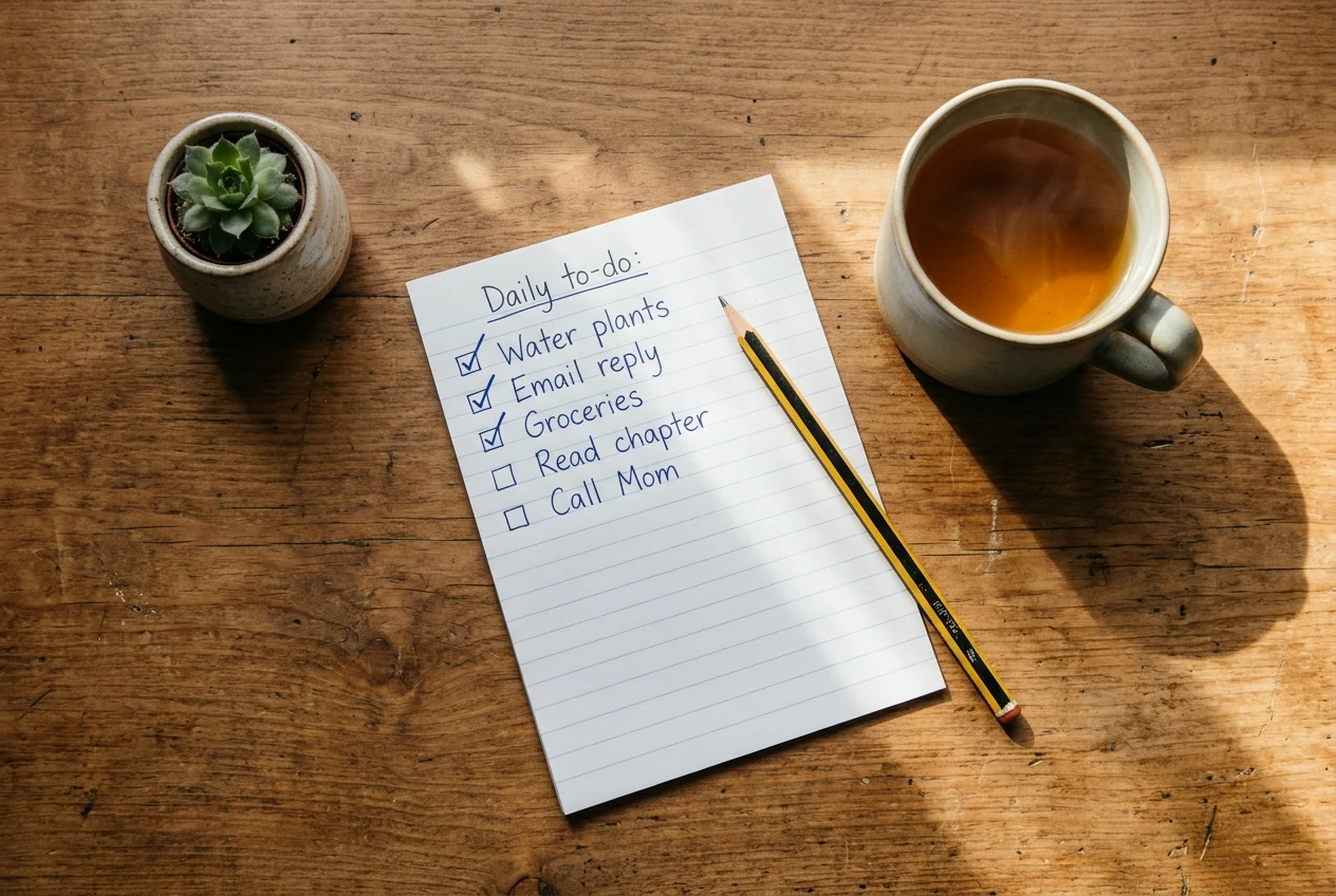 A wooden desk seen from above in warm morning light, with a handwritten checklist on lined paper beside a mug of tea, a small potted succulent and a pencil, a few items on the list neatly