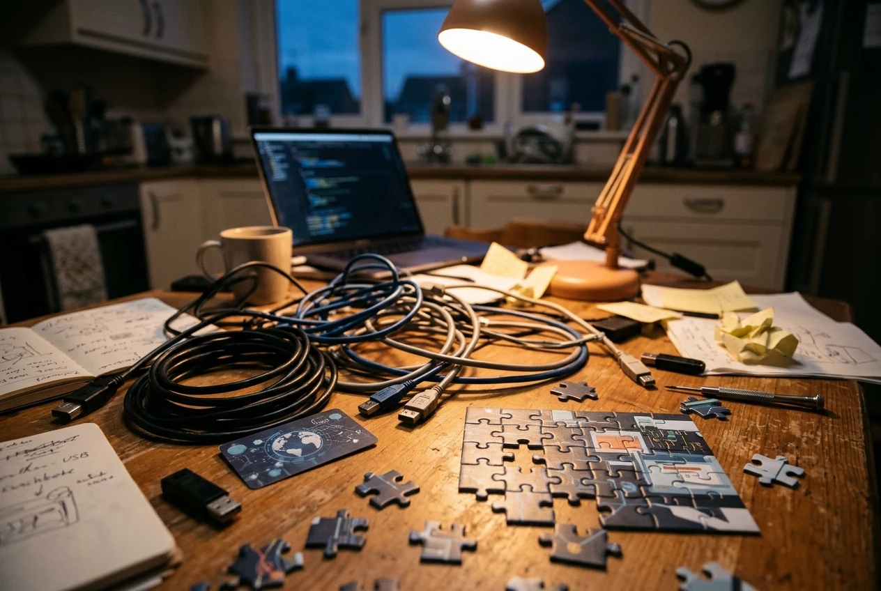 A tangle of mismatched cables, a loose domain-card and a half-assembled set of jigsaw-style pieces spread across a cluttered kitchen table at dusk, lit by a single desk lamp, conveying the effort of assembling a website setup piece by piece.