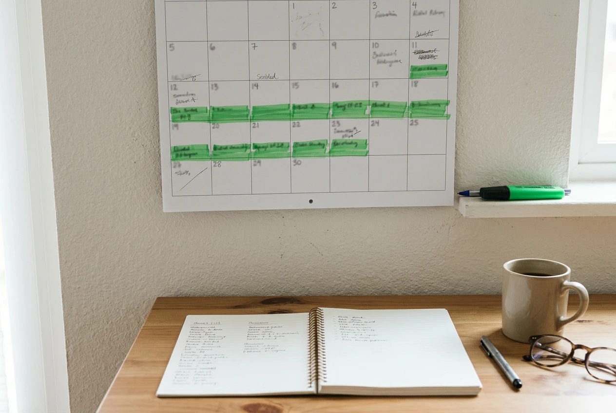 A paper wall calendar on a bright home-office wall with two weeks of evenings blocked out in green highlighter, a notebook with a two-column list open on the desk below, soft daylight from a nearby window.