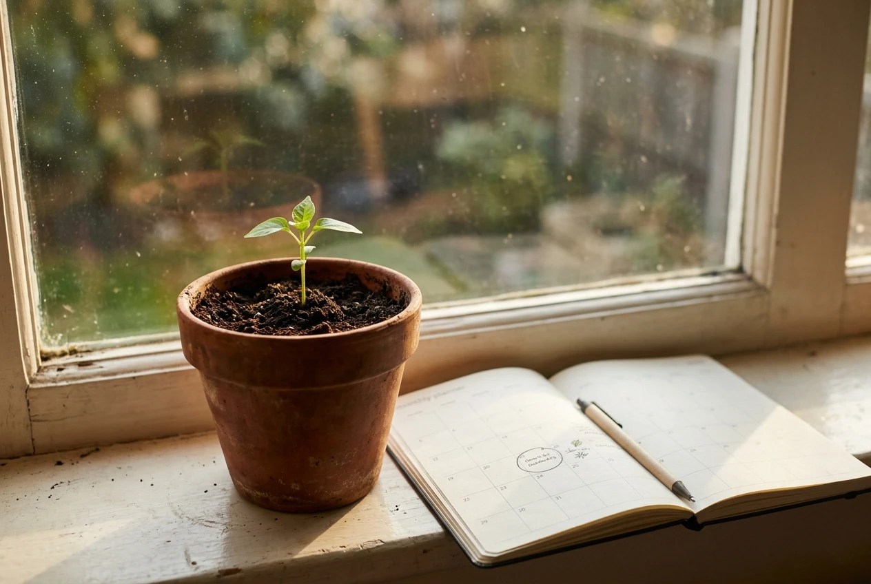 A small plant seedling growing in a terracotta pot on a sunny windowsill, with a monthly planner and a pen beside it showing one circled goal, suggesting steady, patient monthly progress in soft golden light.