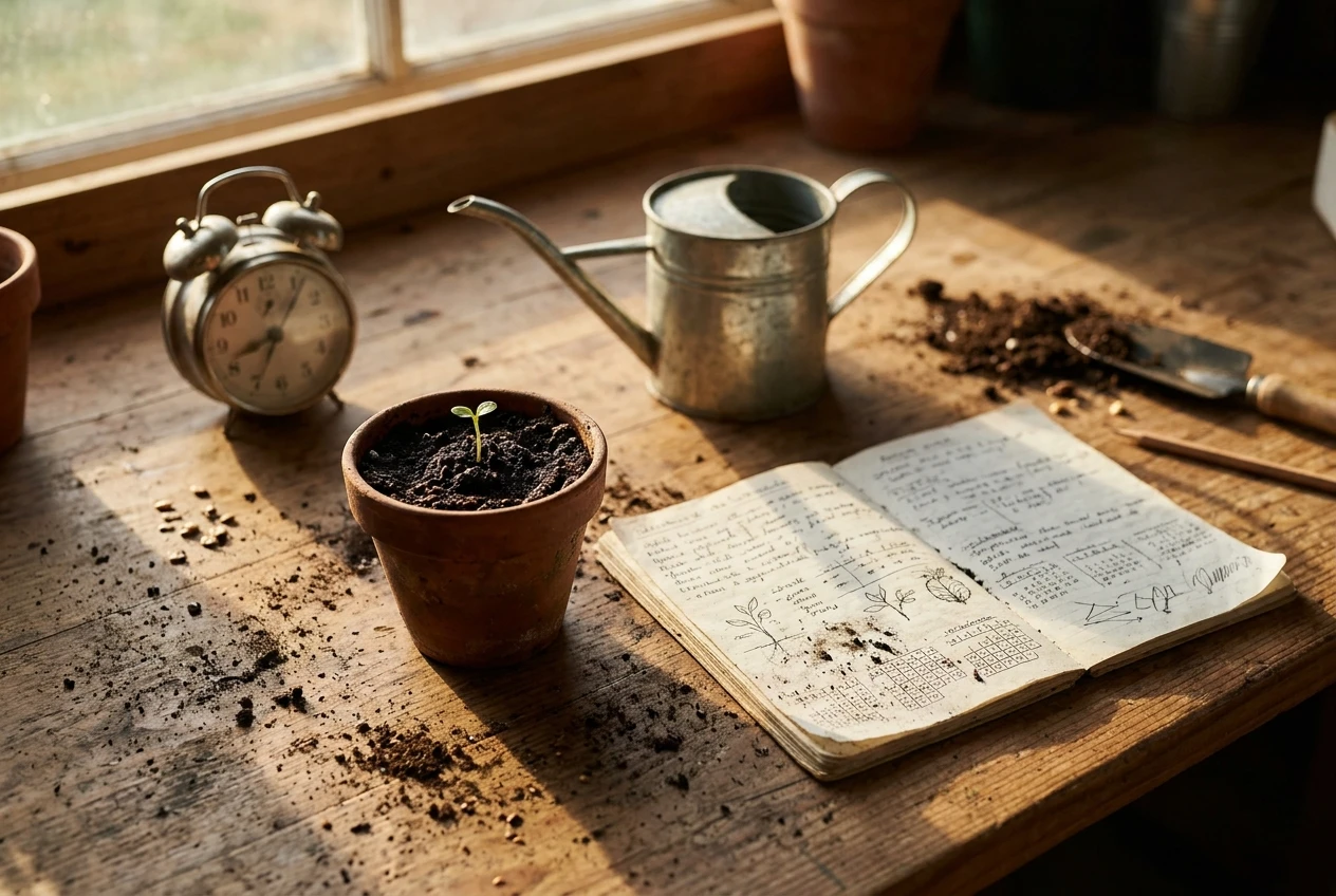 A young seedling-sized workbench scene: a sunlit desk where a hand-written planting schedule lies beside a small pot of freshly sown soil with a single green sprout, a watering can, and an unplugged alarm clock, warm morning light, earthy greens and browns, suggesting effort now and growth later.