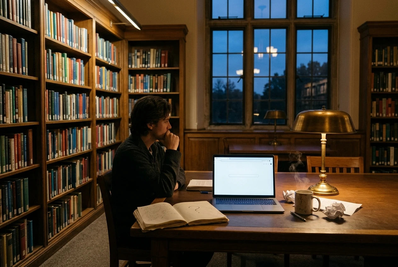 A quiet library reading nook at dusk where a single stranger sits at a table with an open laptop showing a blank search bar, a notebook with a question mark scribbled in it, and a mug of tea; warm lamp light, deep blue window, conveying one person searching for an answer without any crowd around.