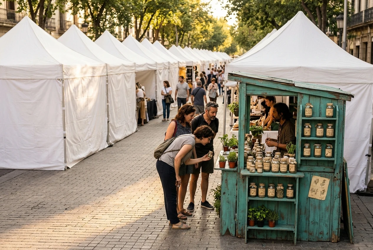 A wide street market of identical large white tents with one small stall in the corner, hand-painted in teal, selling a single specialised item like hand-labelled jars of herbs for balcony gardens; golden afternoon light, a few curious visitors lingering at the small stall.
