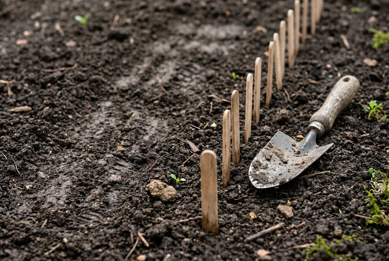 A close view of dark garden soil the day after planting, a neat row of small wooden markers and a trowel resting beside it, with a few hints of green yet to appear, soft overcast morning light and damp earth tones, conveying patient waiting.