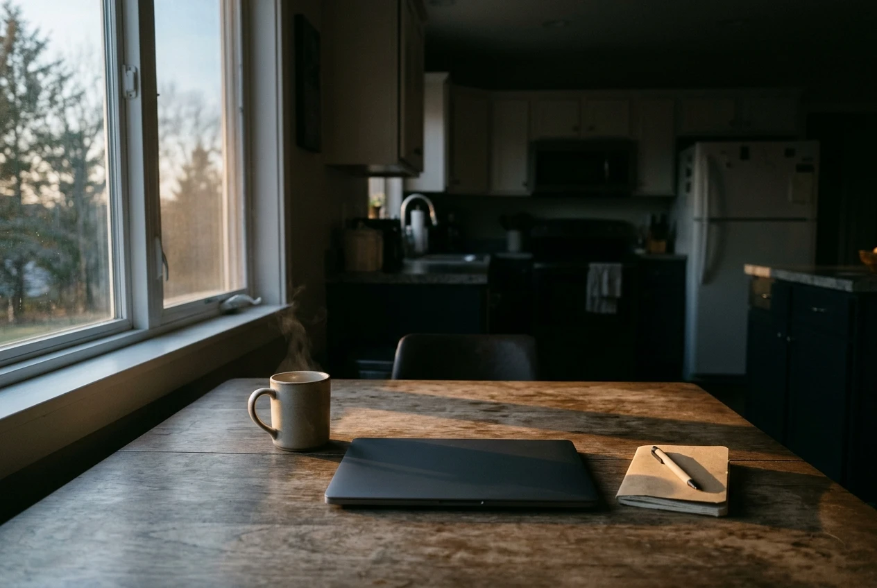 A quiet kitchen table at dawn with a single mug of tea, a closed laptop and a small notebook, soft golden light coming through the window, the rest of the house still dim and calm.