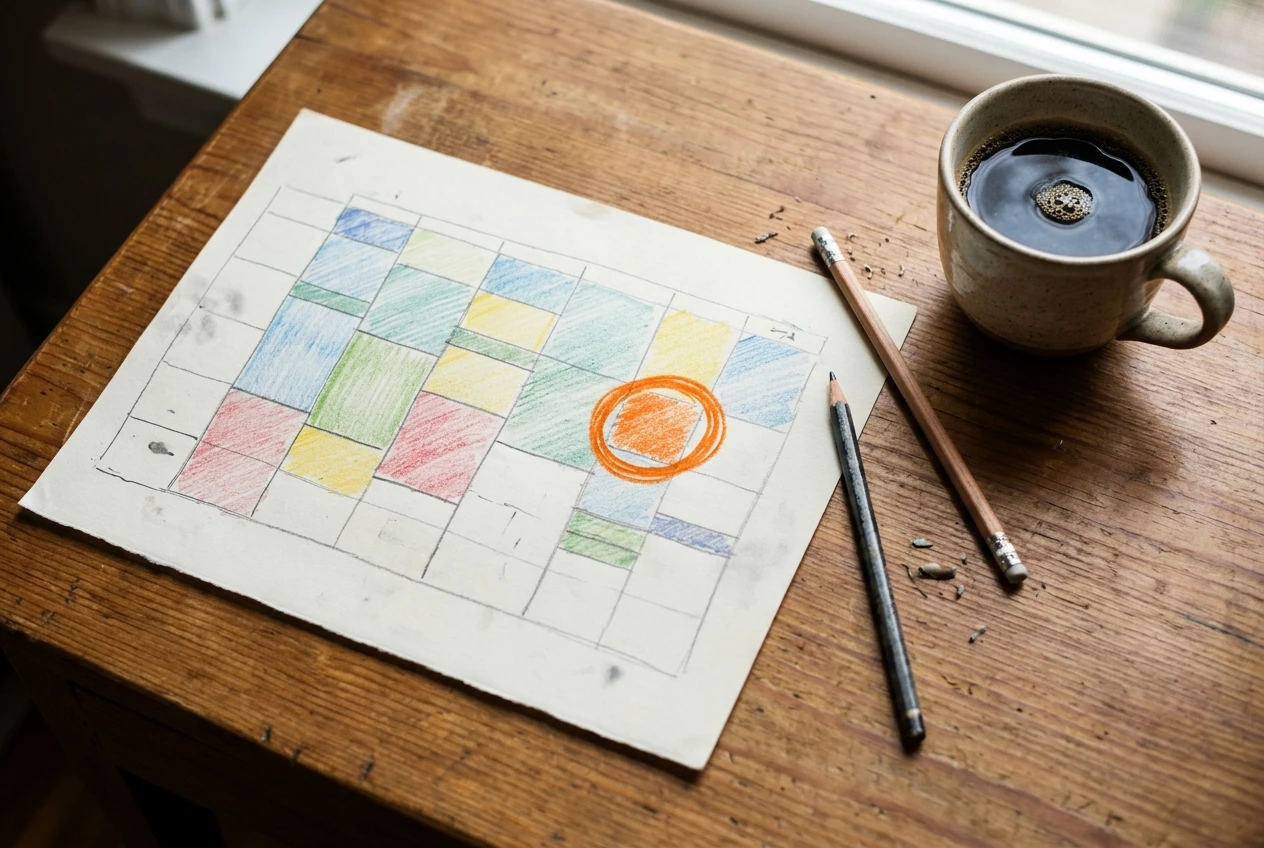 A hand-sketched week on a sheet of paper, divided into colored blocks with pencil, one small block circled in bright orange, beside a pencil and a cup of coffee on a wooden desk in warm daylight.