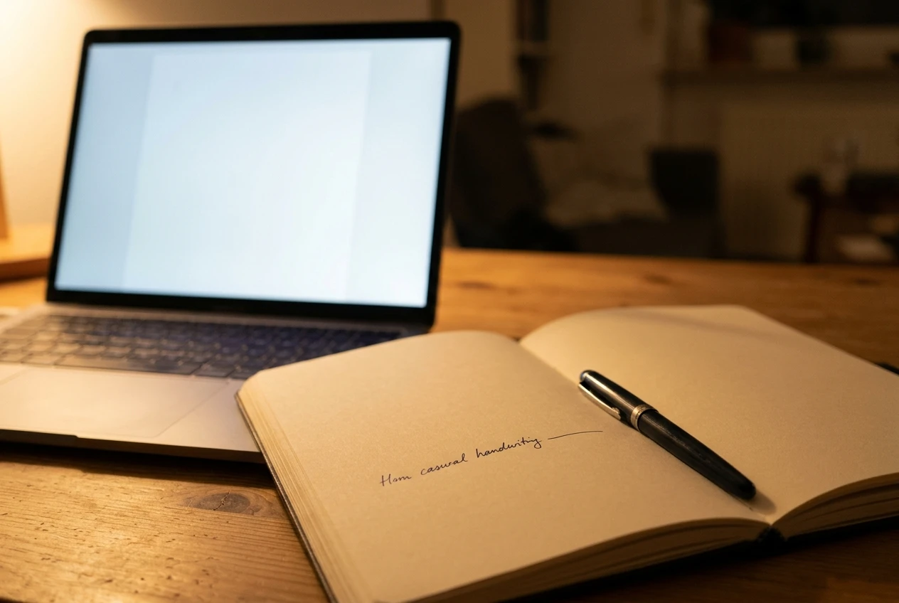 An open notebook with a single handwritten line at the bottom of a page and a pen resting across it, next to a laptop showing an empty blank document, calm evening lamp light.