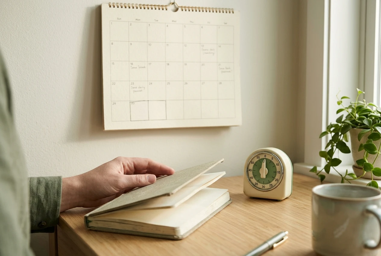 A wall calendar with a few days left blank, a small kitchen timer set on the desk nearby, and a hand reopening a notebook after a break, morning light and muted greens and creams.