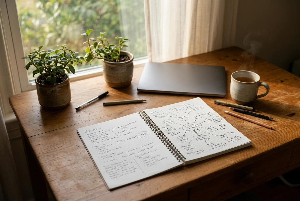 A beginner's wooden desk by a window in soft morning light, with an open spiral notebook full of handwritten niche ideas and a hand-drawn mind map, a mug of tea, and a small