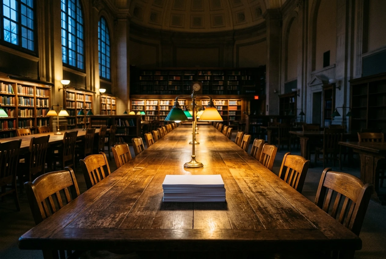 A quiet empty reading room at dusk with a long wooden table, a single neat stack of freshly printed pages at its center, and warm lamplight falling on rows of empty chairs, suggesting pages waiting to be discovered.