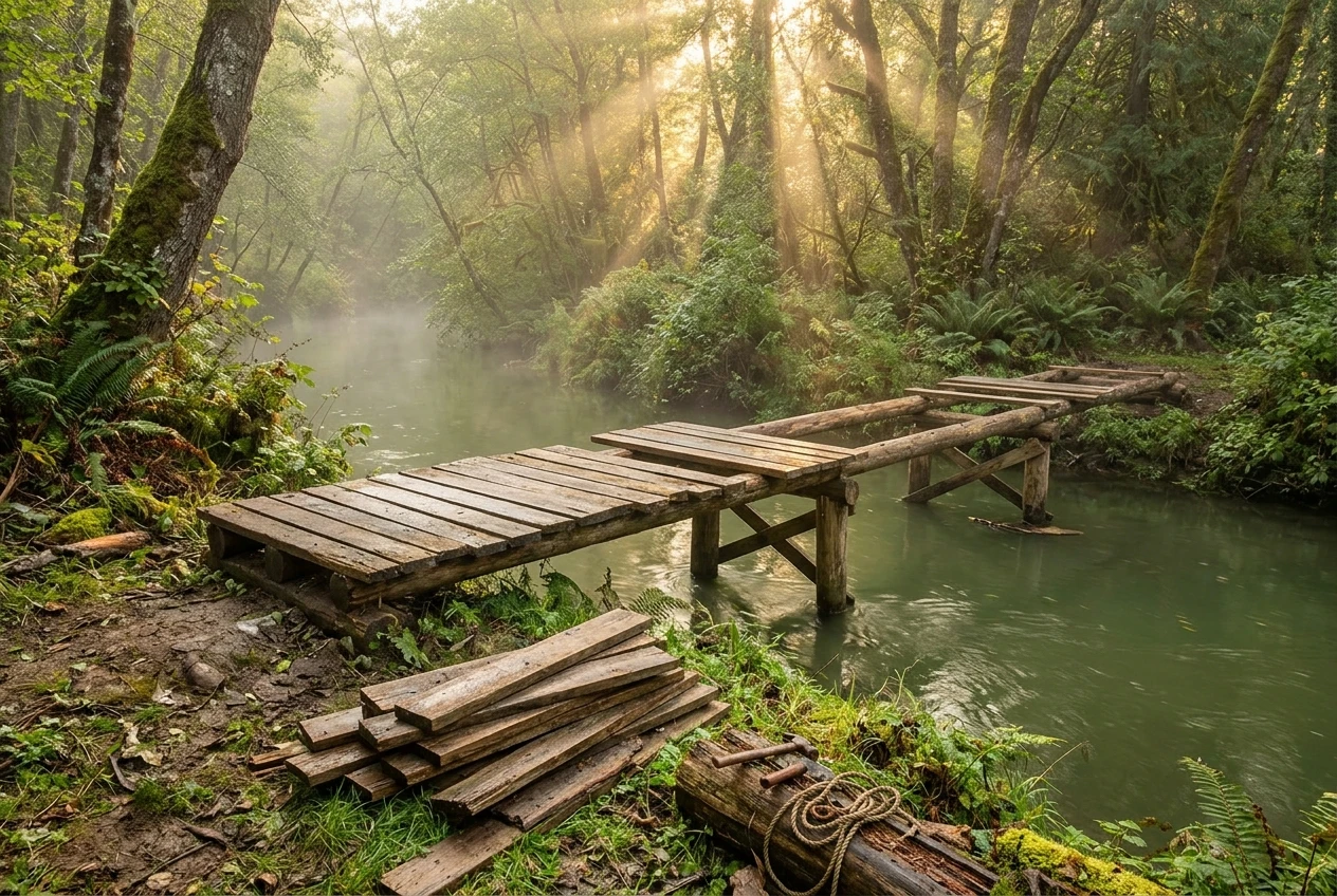 A weathered wooden footbridge being built plank by plank across a misty green stream, with several planks laid and a few still stacked on the bank, in soft golden light.